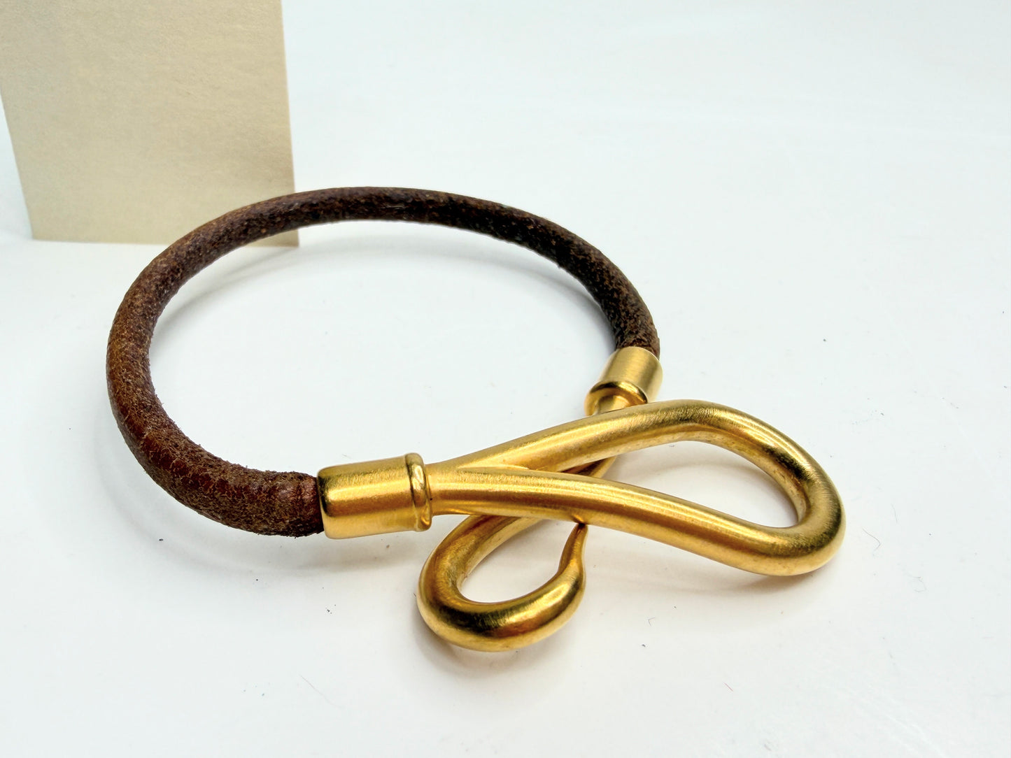Hermès Leather Bracelet Jumbo Gold Tone Hook Clasp Brown Vintage GS723