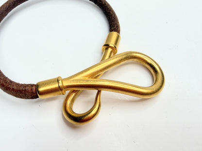 Hermès Leather Bracelet Jumbo Gold Tone Hook Clasp Brown Vintage GS723