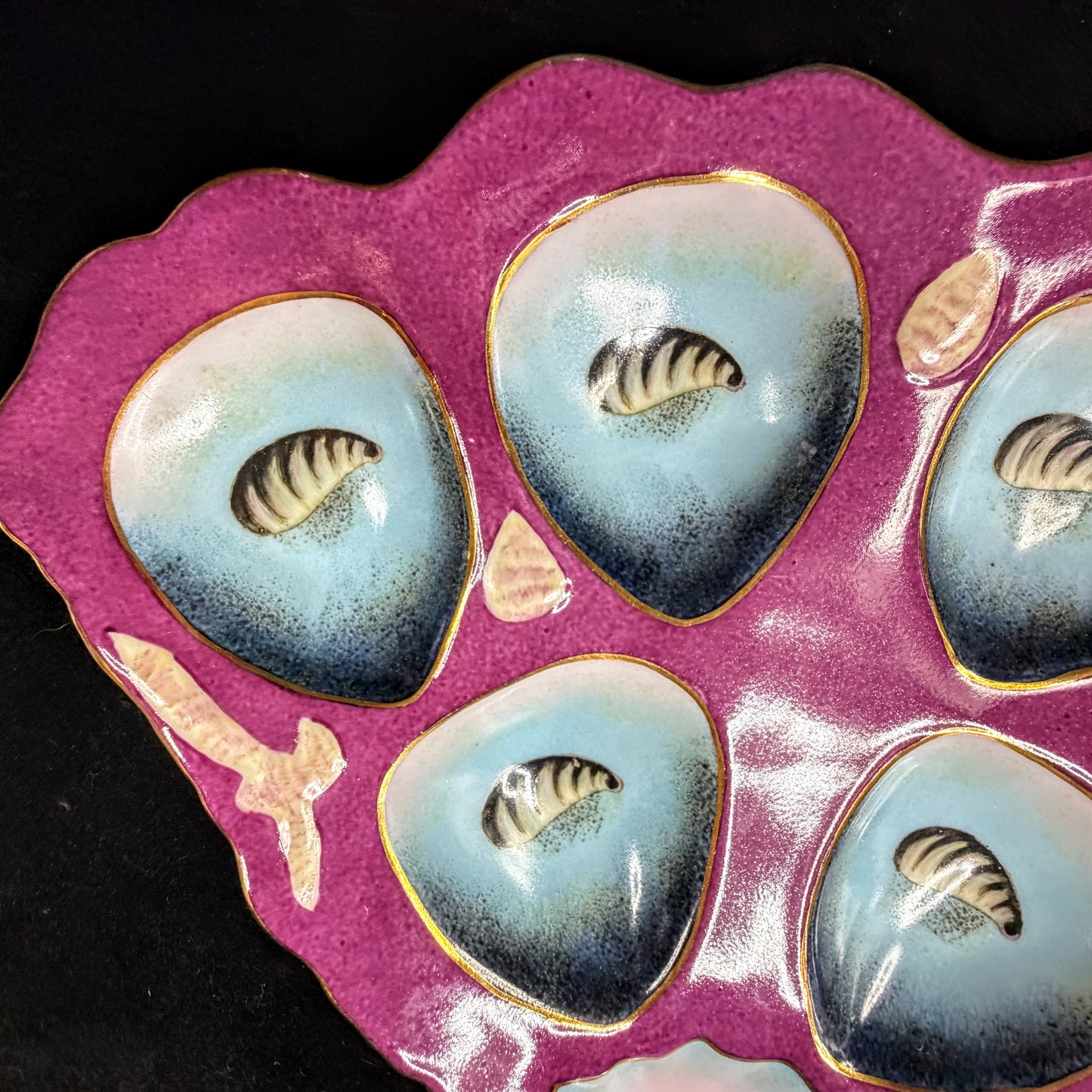 Antique Limoges Porcelain Oyster Plate Magenta Blue Shell Motif Six Wells A1148