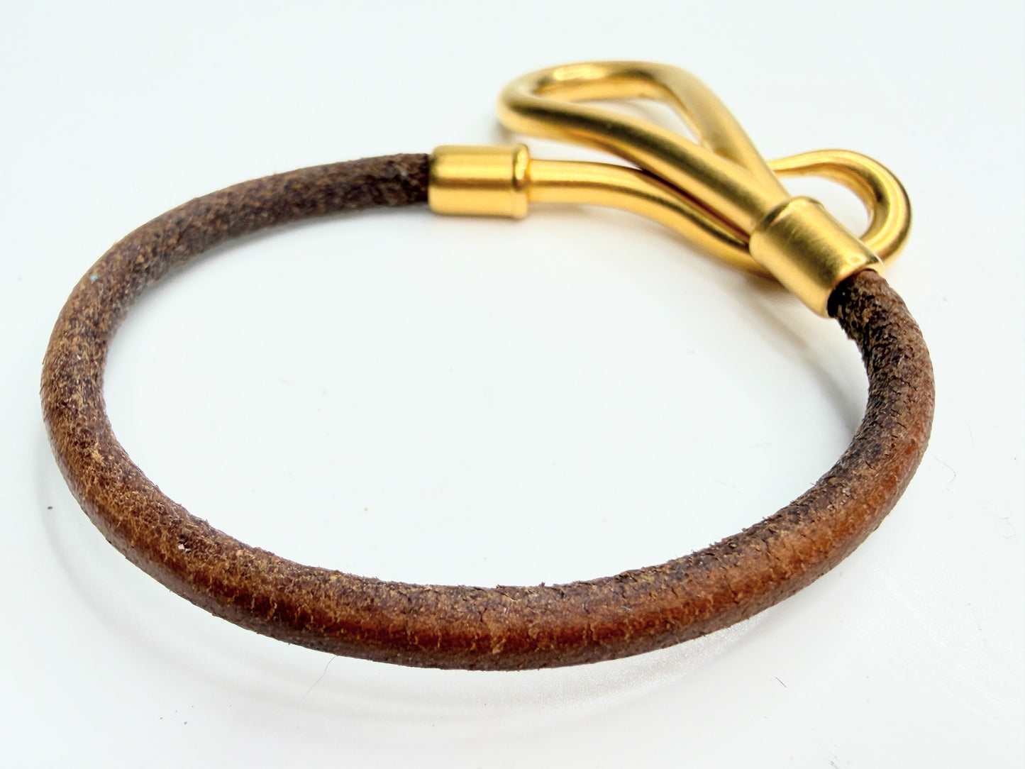 Hermès Leather Bracelet Jumbo Gold Tone Hook Clasp Brown Vintage GS723