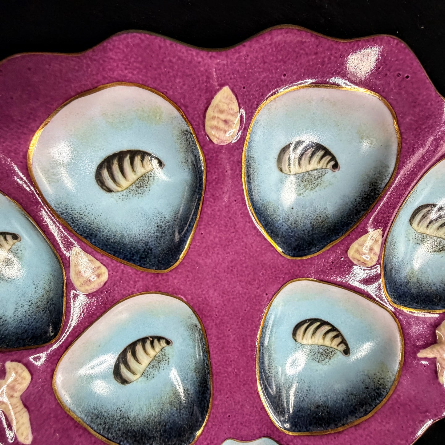 Antique Limoges Porcelain Oyster Plate Magenta Blue Shell Motif Six Wells A1148