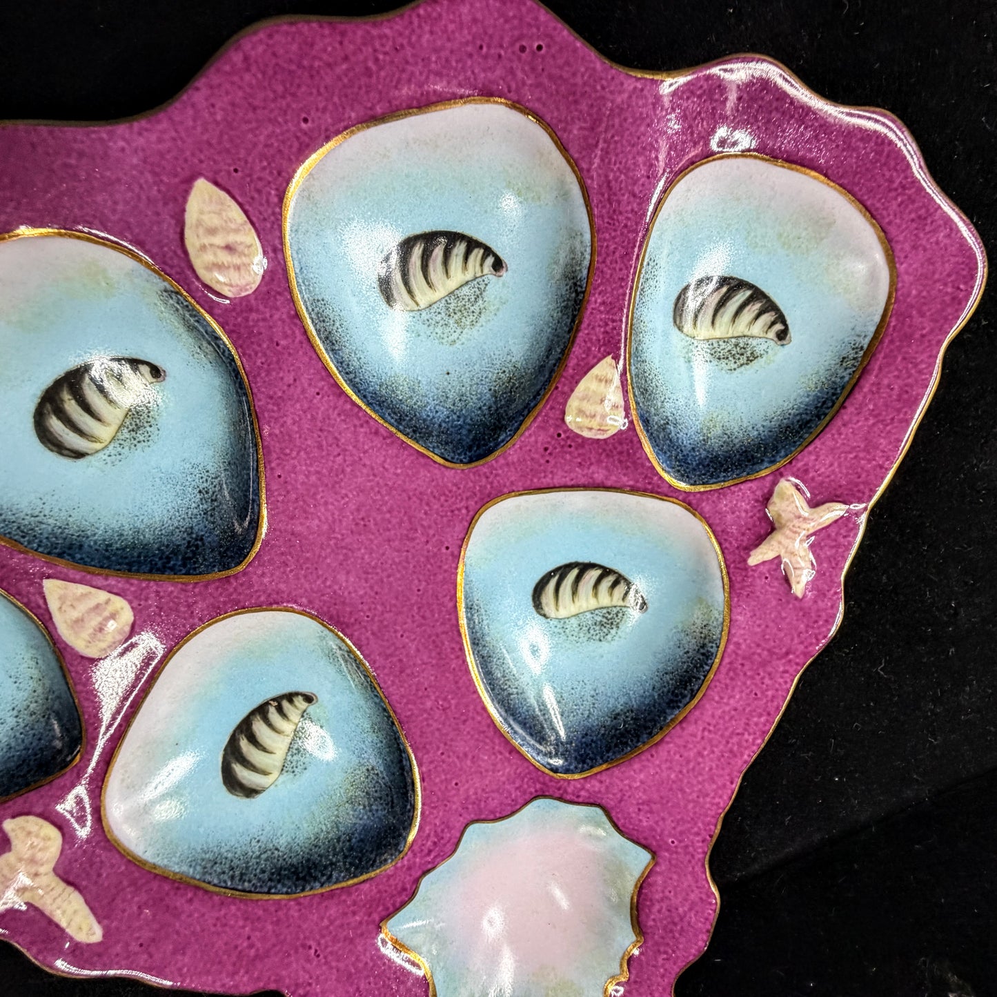 Antique Limoges Porcelain Oyster Plate Magenta Blue Shell Motif Six Wells A1148