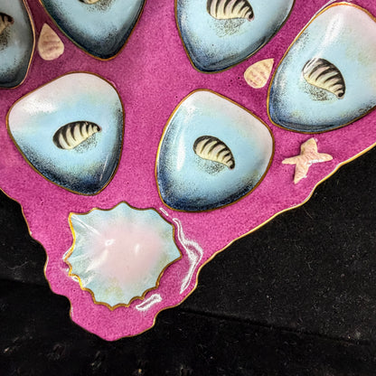 Antique Limoges Porcelain Oyster Plate Magenta Blue Shell Motif Six Wells A1148