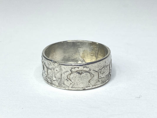 Vintage Sterling Silver Wide Band Ring Heart Motif Textured Finish