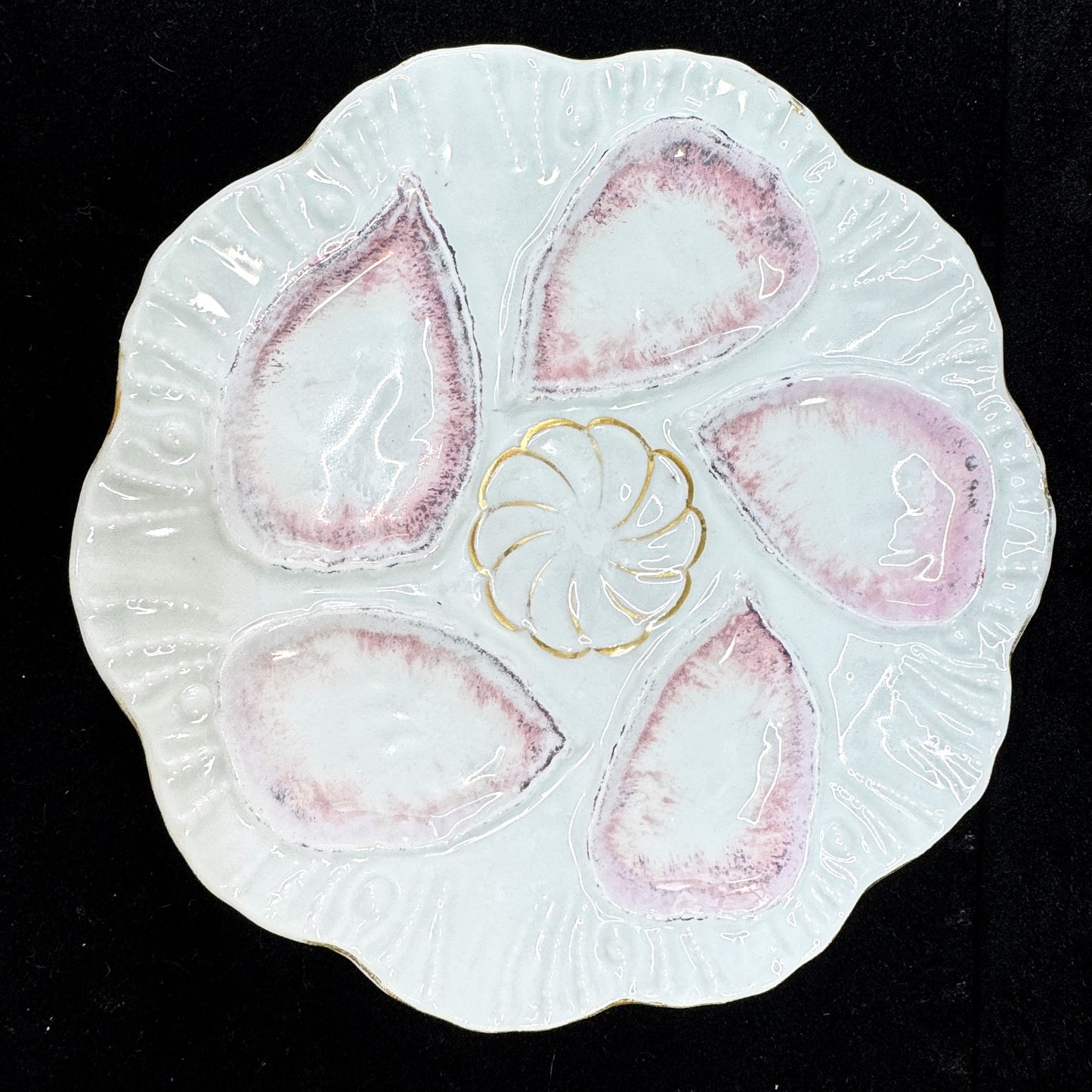 Vintage M.Z. Austria Porcelain Pink Five-Well Oyster Plate Gold Accent A1171