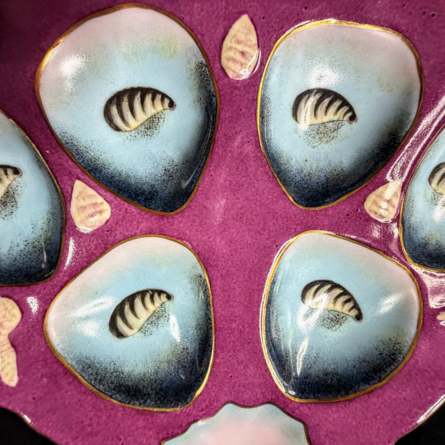 Antique Limoges Porcelain Oyster Plate Magenta Blue Shell Motif Six Wells A1148