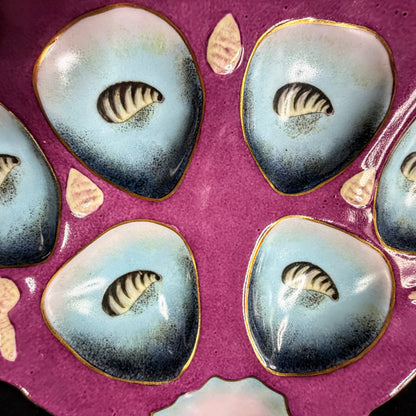 Antique Limoges Porcelain Oyster Plate Magenta Blue Shell Motif Six Wells A1148
