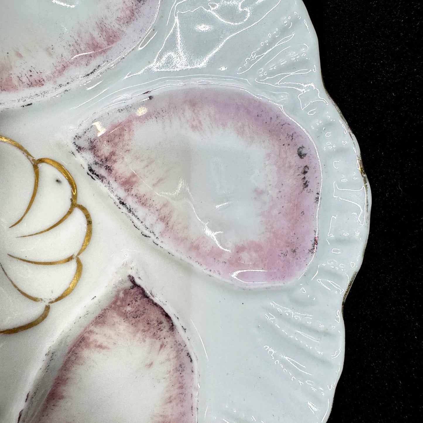 Vintage M.Z. Austria Porcelain Pink Five-Well Oyster Plate Gold Accent A1171