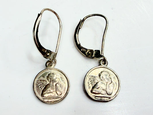 Vintage Sterling Silver Angel Cherub Dangle Earrings Leverback JR1248