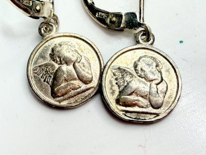 Vintage Sterling Silver Angel Cherub Dangle Earrings Leverback JR1248