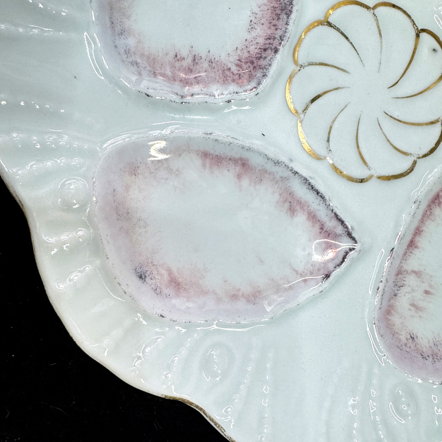 Vintage M.Z. Austria Porcelain Pink Five-Well Oyster Plate Gold Accent A1171