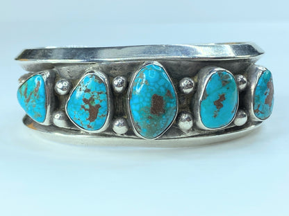 Signed Navajo Bisbee Turquoise Row Sterling Cuff 95.4g s6.25 JR8926