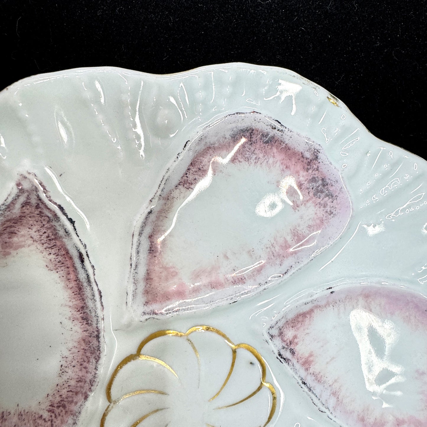 Vintage M.Z. Austria Porcelain Pink Five-Well Oyster Plate Gold Accent A1171
