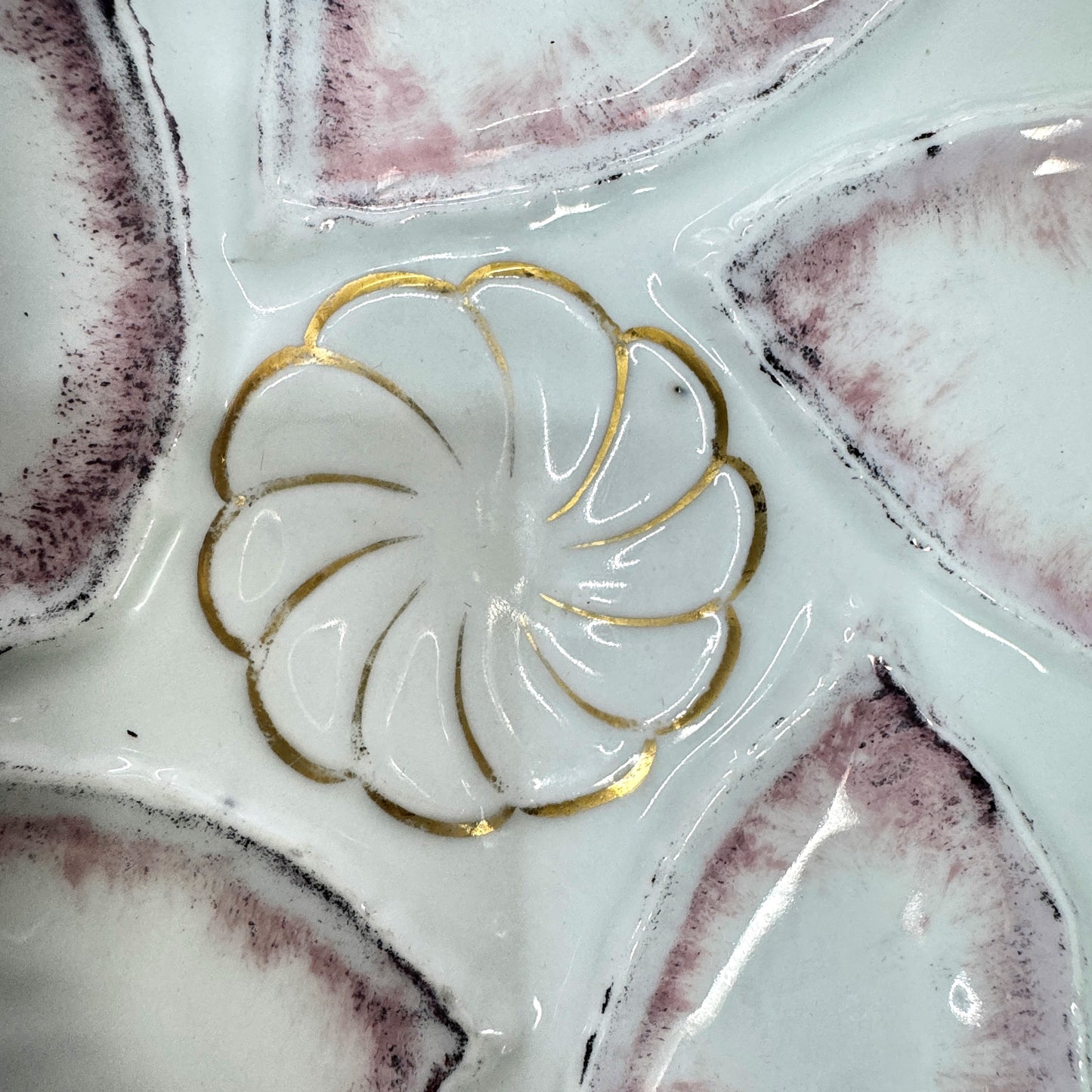 Vintage M.Z. Austria Porcelain Pink Five-Well Oyster Plate Gold Accent A1171