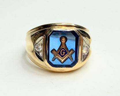 Appraised $3581 10K Gold Masonic Ring Blue Enamel Sapphire Diamonds s10 JR1249