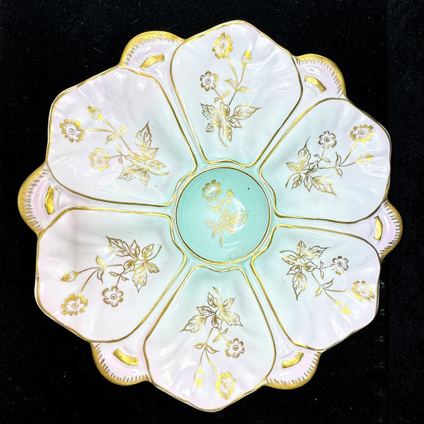 Antique c1900 Porcelain Oyster Plate Pink Aqua Floral Gold Gilt 10in Dish A1172