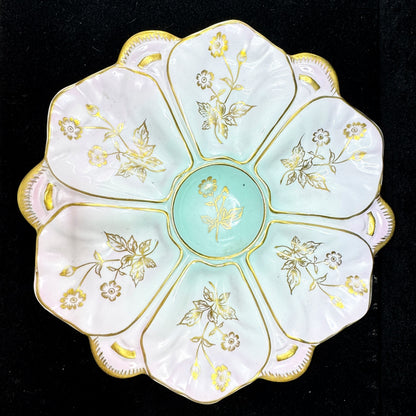 Antique c1900 Porcelain Oyster Plate Pink Aqua Floral Gold Gilt 10in Dish A1172