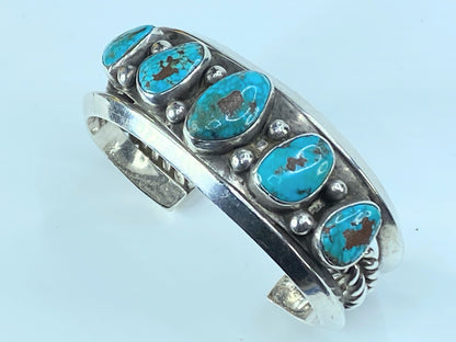 Signed Navajo Bisbee Turquoise Row Sterling Cuff 95.4g s6.25 JR8926