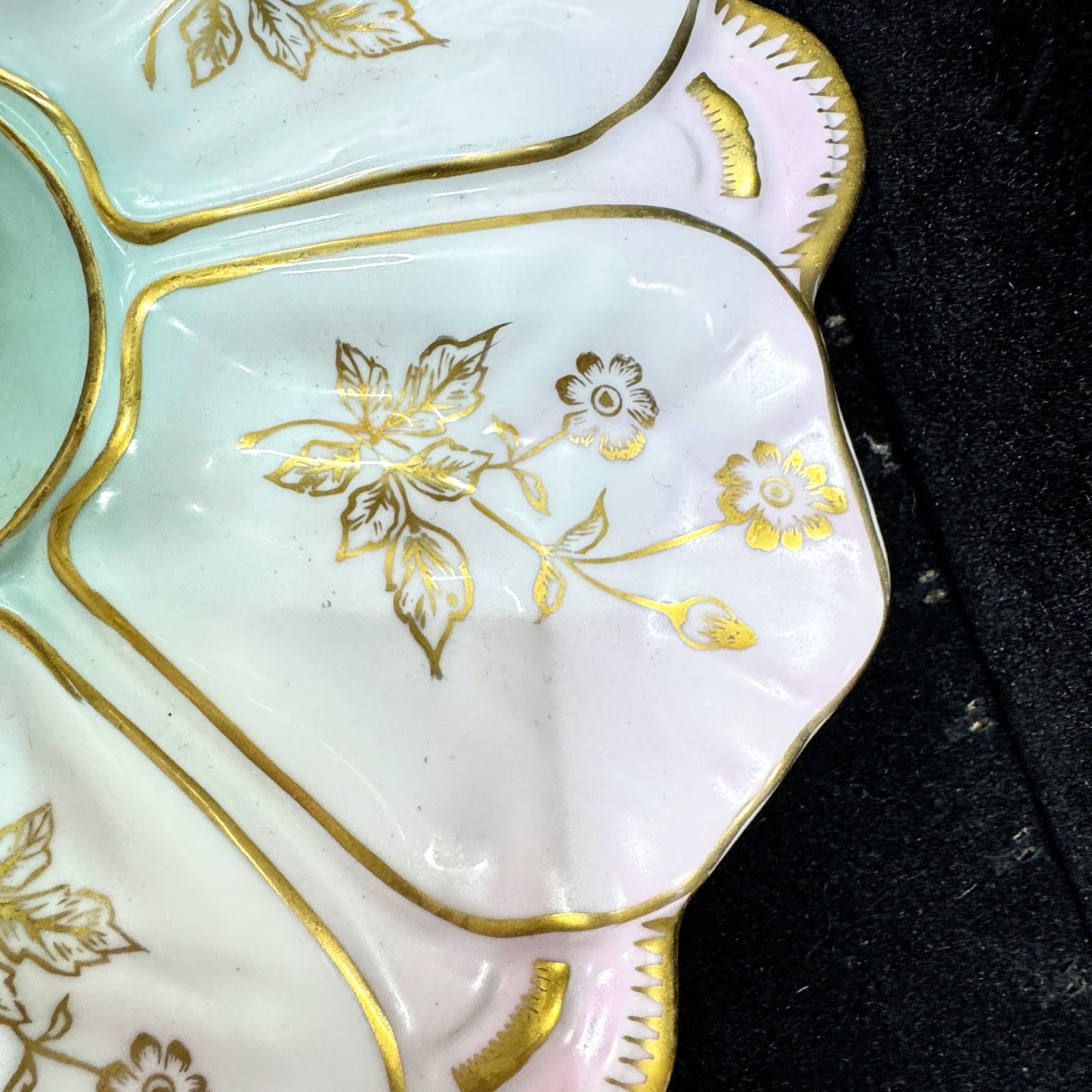 Antique c1900 Porcelain Oyster Plate Pink Aqua Floral Gold Gilt 10in Dish A1172