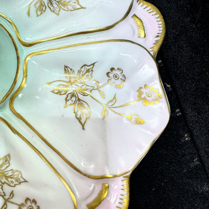 Antique c1900 Porcelain Oyster Plate Pink Aqua Floral Gold Gilt 10in Dish A1172