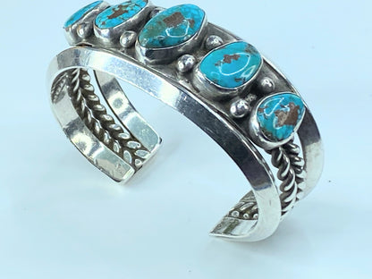 Signed Navajo Bisbee Turquoise Row Sterling Cuff 95.4g s6.25 JR8926