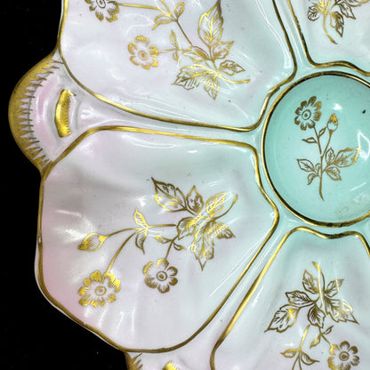 Antique c1900 Porcelain Oyster Plate Pink Aqua Floral Gold Gilt 10in Dish A1172