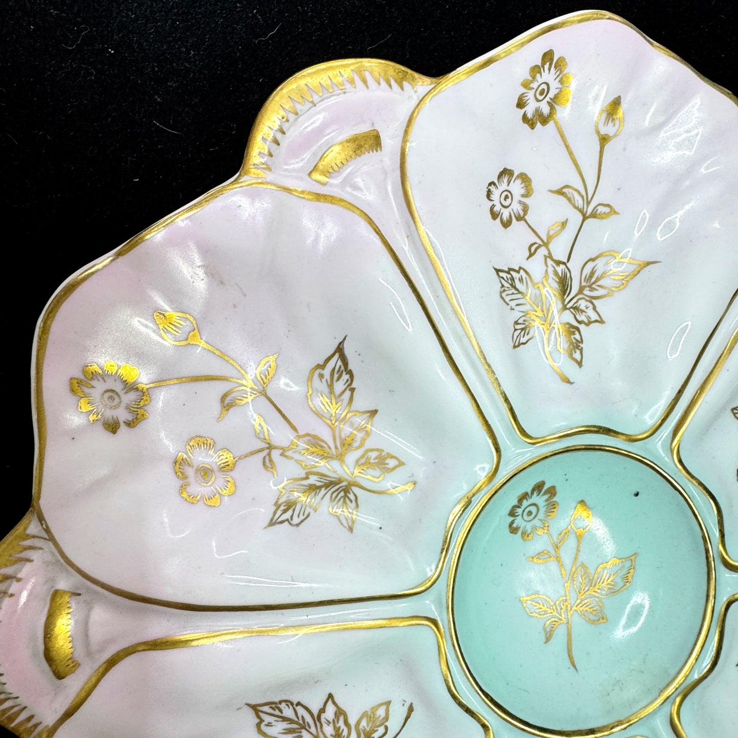 Antique c1900 Porcelain Oyster Plate Pink Aqua Floral Gold Gilt 10in Dish A1172