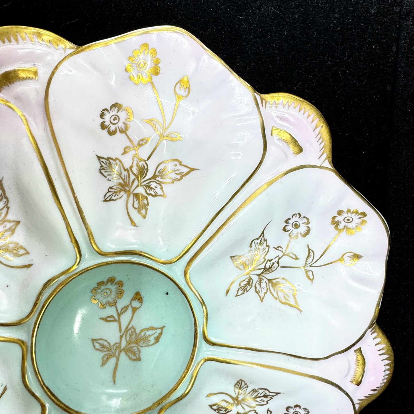 Antique c1900 Porcelain Oyster Plate Pink Aqua Floral Gold Gilt 10in Dish A1172