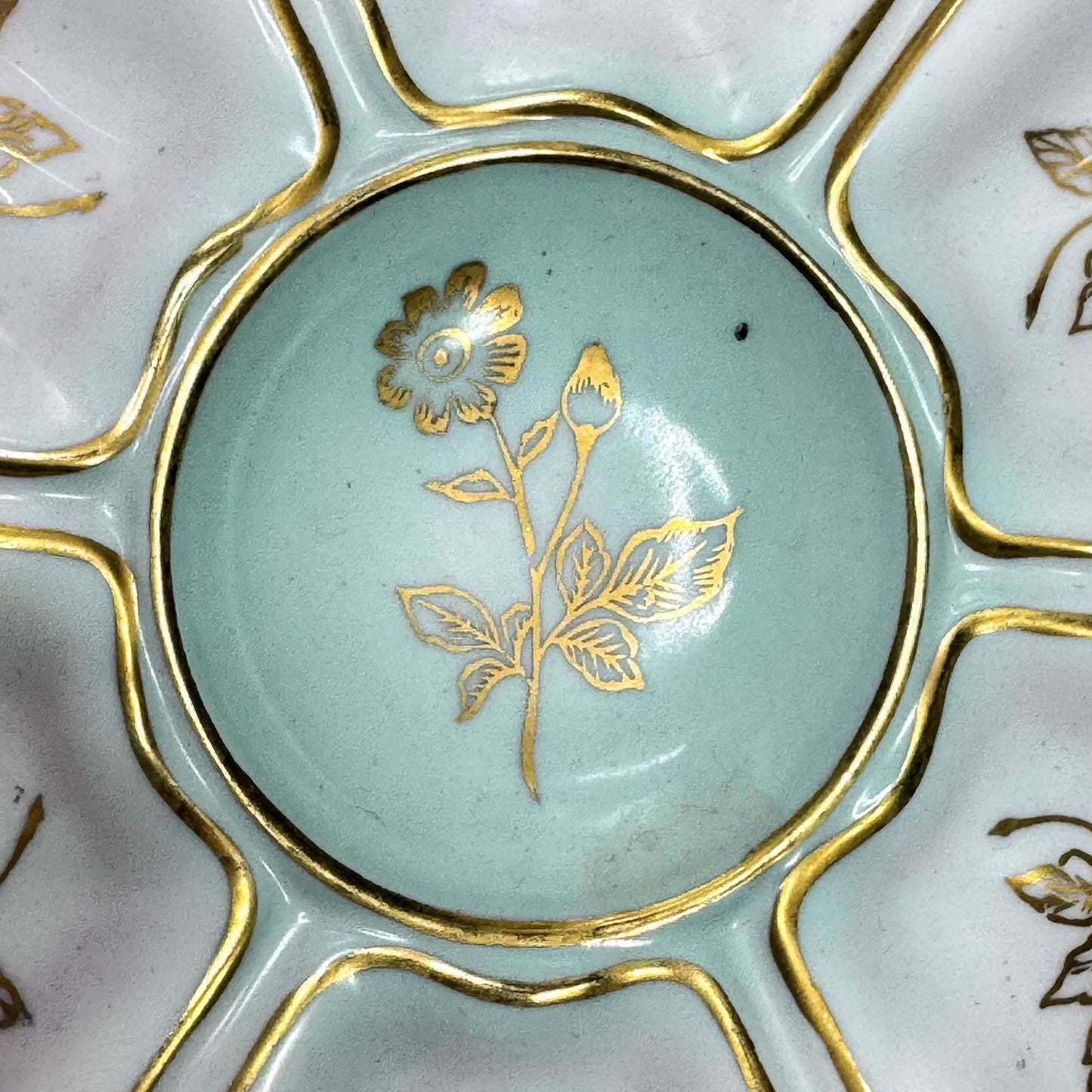 Antique c1900 Porcelain Oyster Plate Pink Aqua Floral Gold Gilt 10in Dish A1172