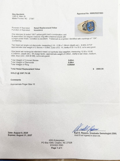 Appraised $3581 10K Gold Masonic Ring Blue Enamel Sapphire Diamonds s10 JR1249