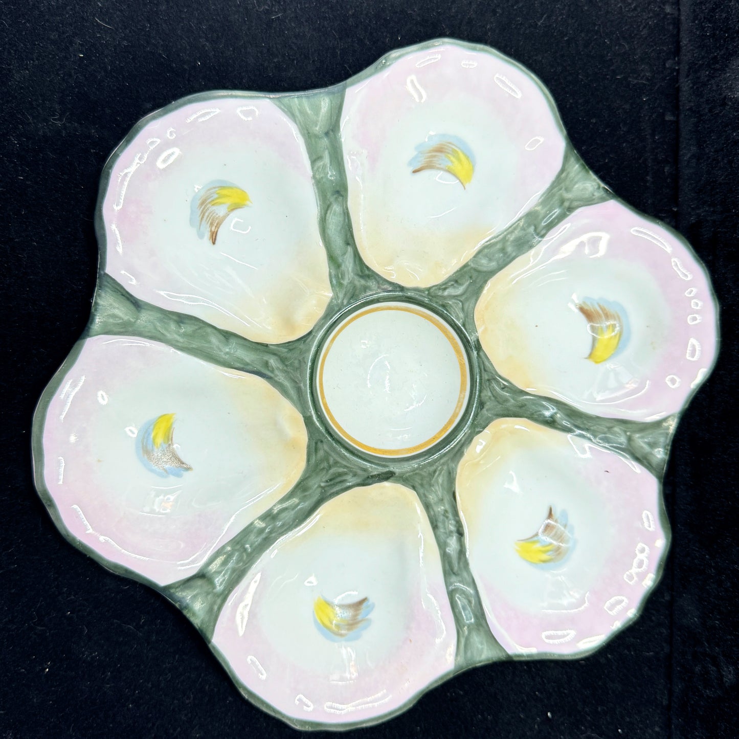 Antique French Majolica Hand Painted Oyster Plate Pink Blue Green 9 Inch A1173