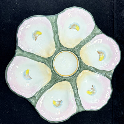 Antique French Majolica Hand Painted Oyster Plate Pink Blue Green 9 Inch A1173