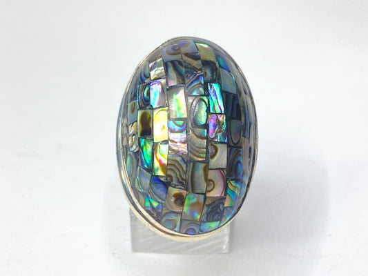 Sterling Silver Domed Abalone Shell Statement Ring Large Oval Size 7.5 JR1137