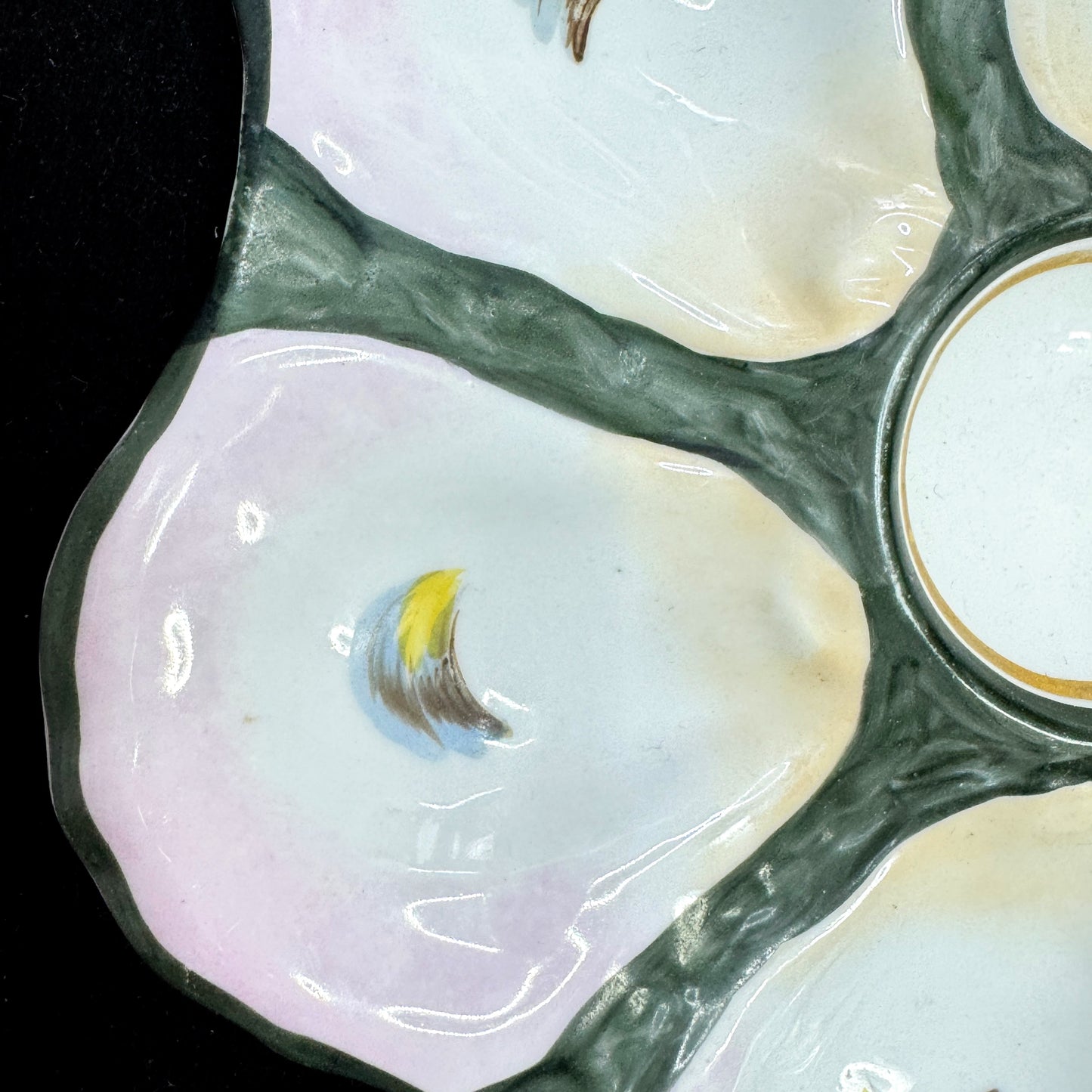 Antique French Majolica Hand Painted Oyster Plate Pink Blue Green 9 Inch A1173
