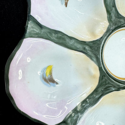 Antique French Majolica Hand Painted Oyster Plate Pink Blue Green 9 Inch A1173