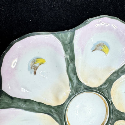 Antique French Majolica Hand Painted Oyster Plate Pink Blue Green 9 Inch A1173
