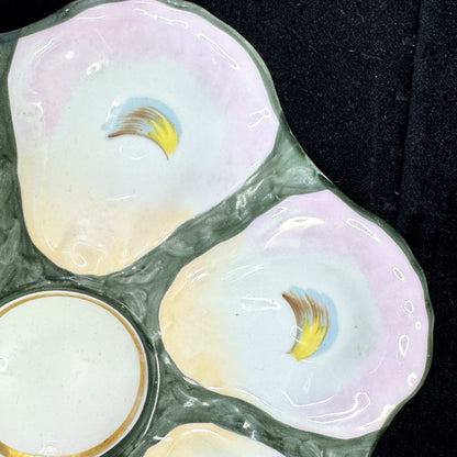Antique French Majolica Hand Painted Oyster Plate Pink Blue Green 9 Inch A1173