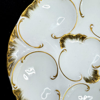 Antique Haviland Limoges Oyster Plate White Rich Gold Gilt 8.25in A1174