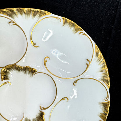 Antique Haviland Limoges Oyster Plate White Rich Gold Gilt 8.25in A1174