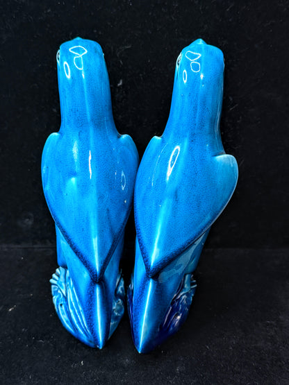 Vintage Mid Century Ceramic Parrots Figurine Pair Hand Painted Glazed A1154