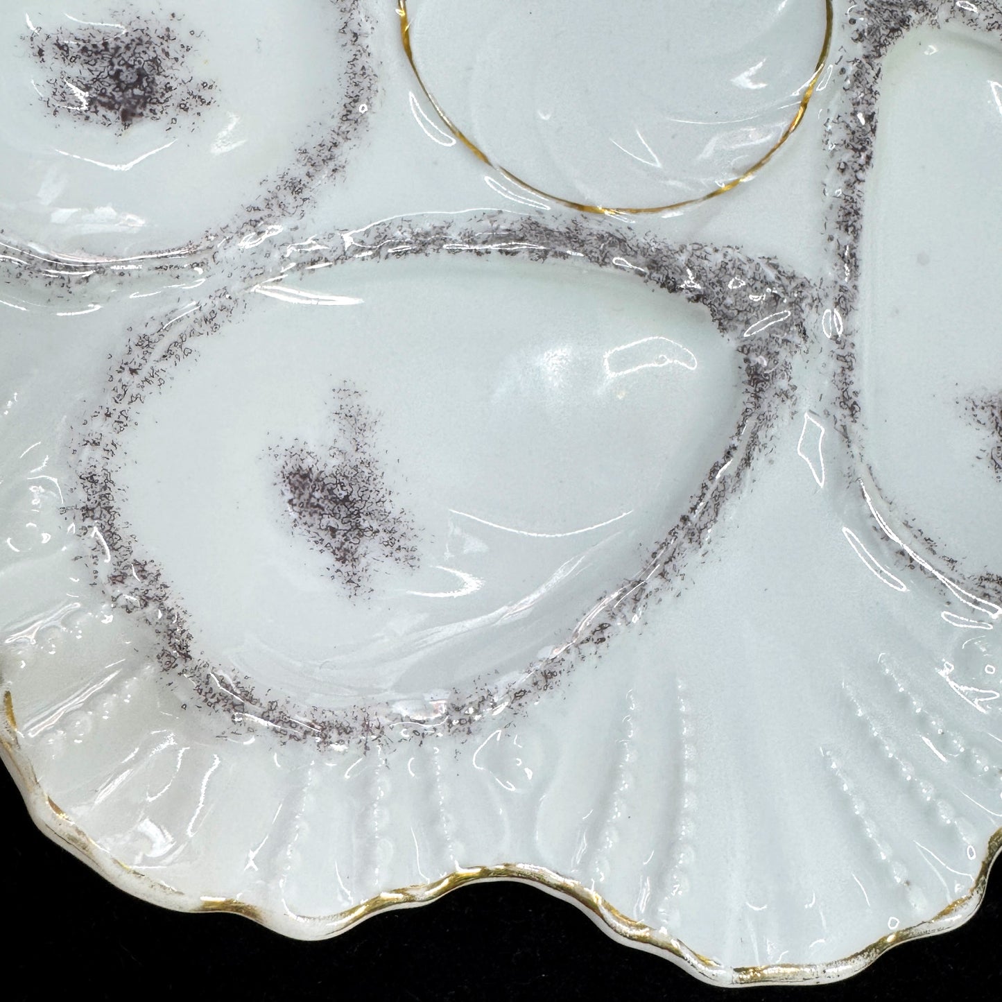 Antique Porcelain Oyster Plate 5 Well Silver Gray Gilt Gold Scalloped Rim A1175