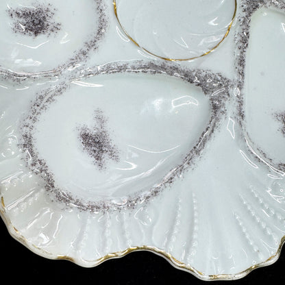 Antique Porcelain Oyster Plate 5 Well Silver Gray Gilt Gold Scalloped Rim A1175