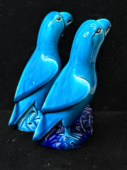 Vintage Mid Century Ceramic Parrots Figurine Pair Hand Painted Glazed A1154
