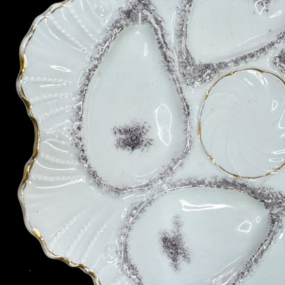 Antique Porcelain Oyster Plate 5 Well Silver Gray Gilt Gold Scalloped Rim A1175
