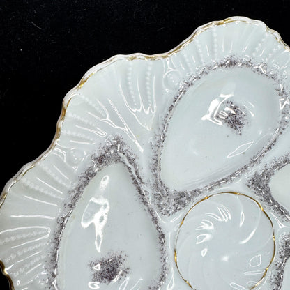 Antique Porcelain Oyster Plate 5 Well Silver Gray Gilt Gold Scalloped Rim A1175