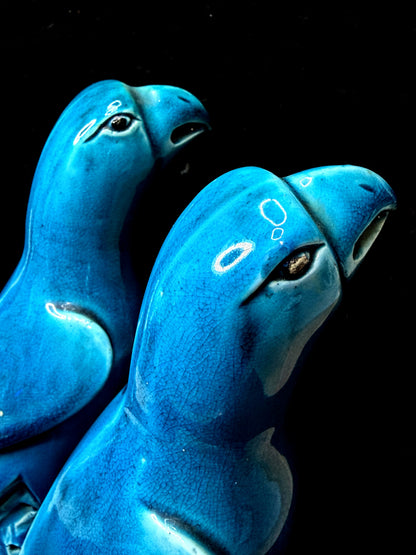Vintage Mid Century Ceramic Parrots Figurine Pair Hand Painted Glazed A1154
