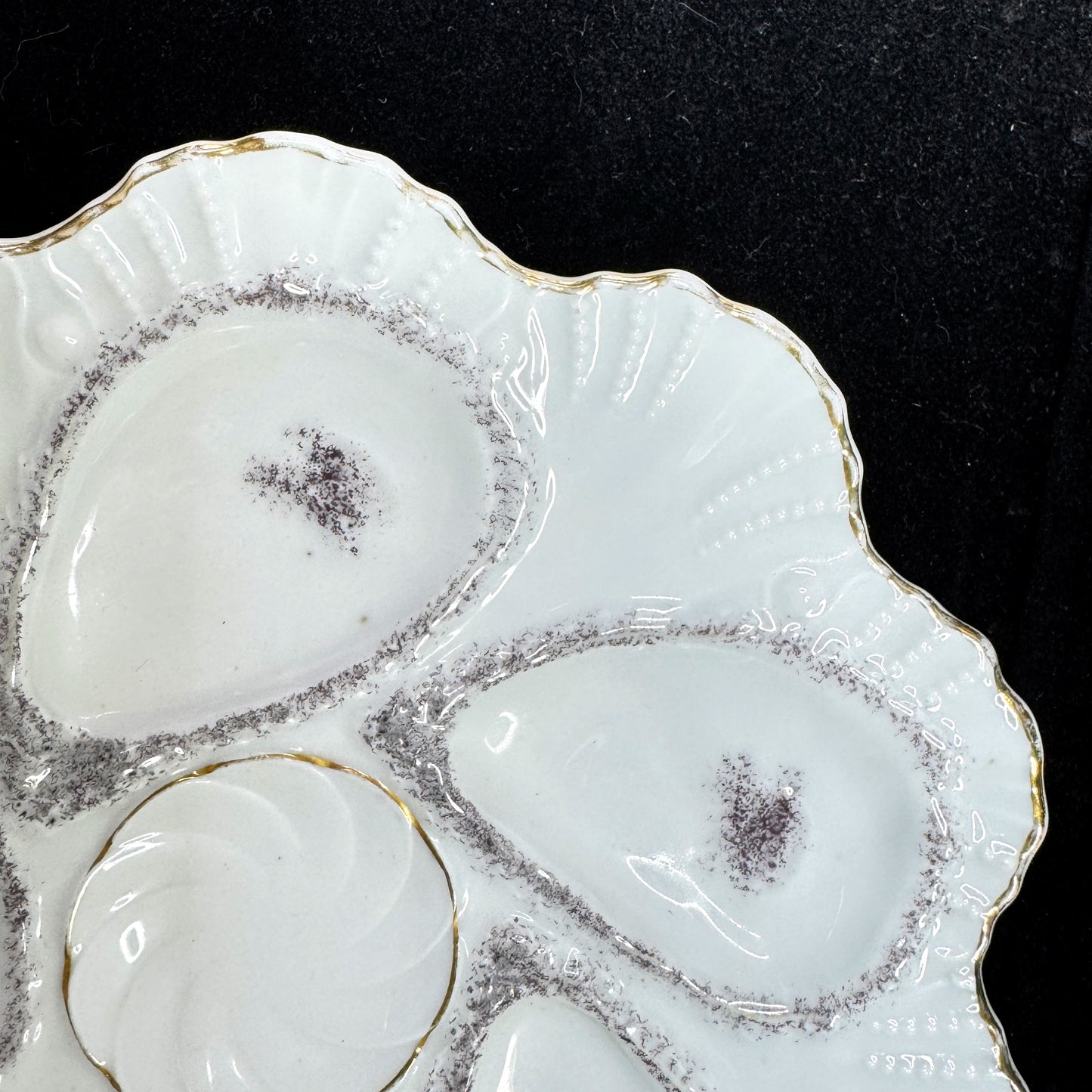 Antique Porcelain Oyster Plate 5 Well Silver Gray Gilt Gold Scalloped Rim A1175