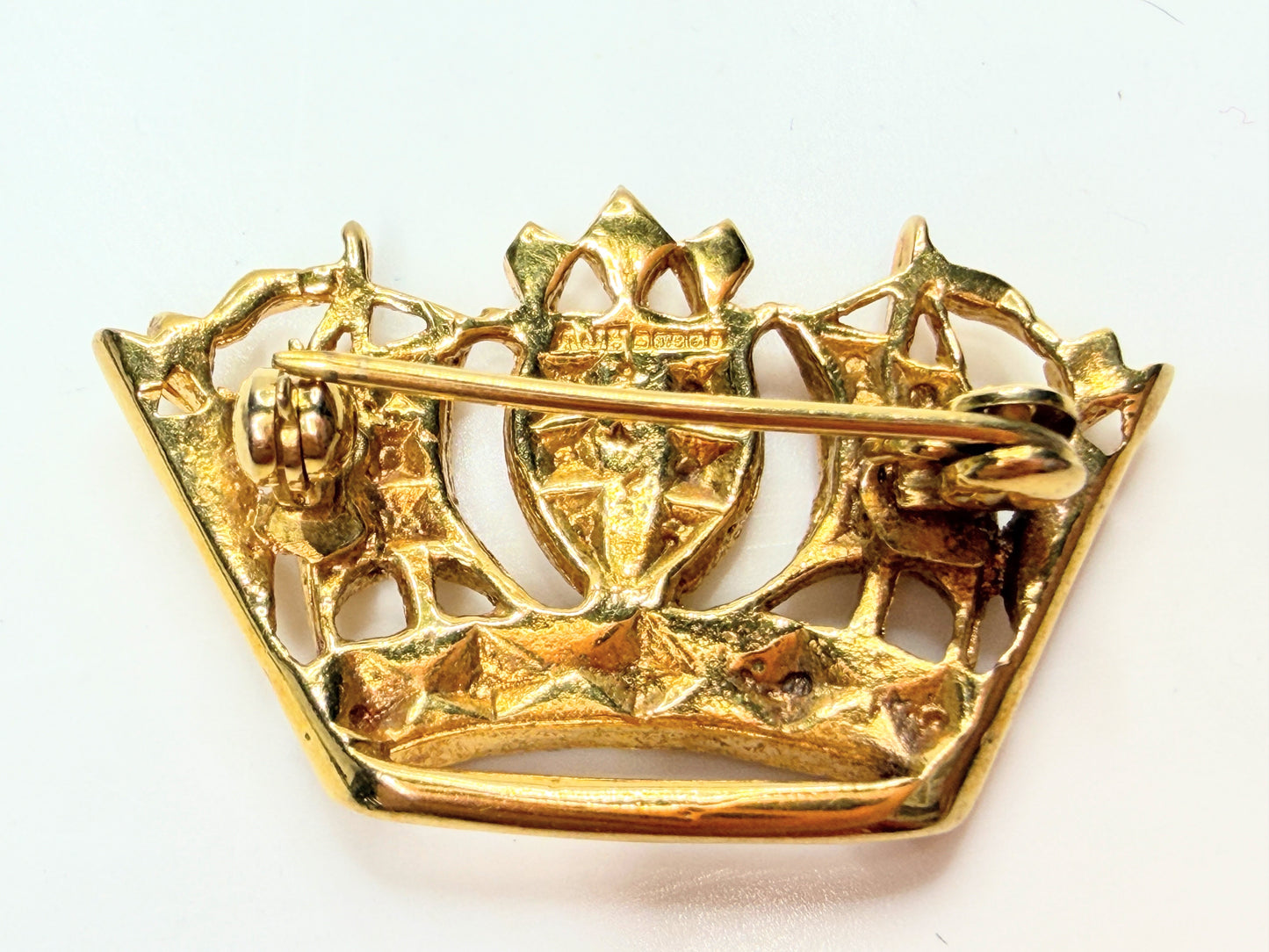Antique 10K crown brooch openwork regal revival early twentieth century JR1252