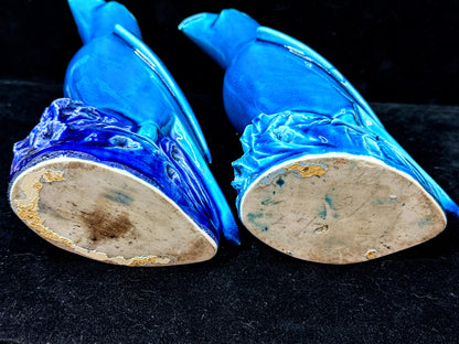 Vintage Mid Century Ceramic Parrots Figurine Pair Hand Painted Glazed A1154