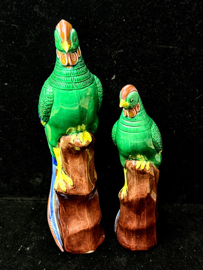 Vintage Chinese Green Glazed Phoenix Bird Figurines on Tree Stumps Pair A1155